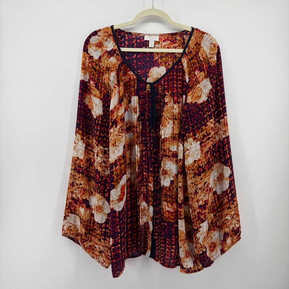 Charter‎ Club Womens 3X Multicolor Floral Blouse Bell Sleeve Tie Neck Boho Top